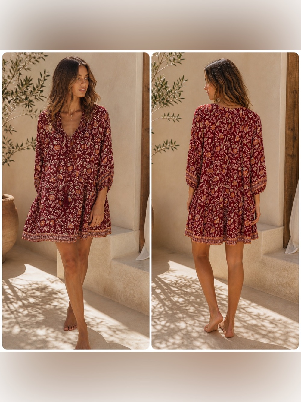 New! Natalie Martin Sweet Autumn Merlot Floral V-Neck Tassel Mini Dress 🌼 XS